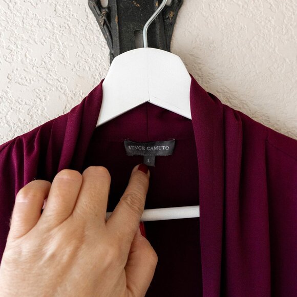Vince Camuto Burgundy Draped Blouse Size Large – Surplice Front Long Sleeve Top - Picture 2 of 8